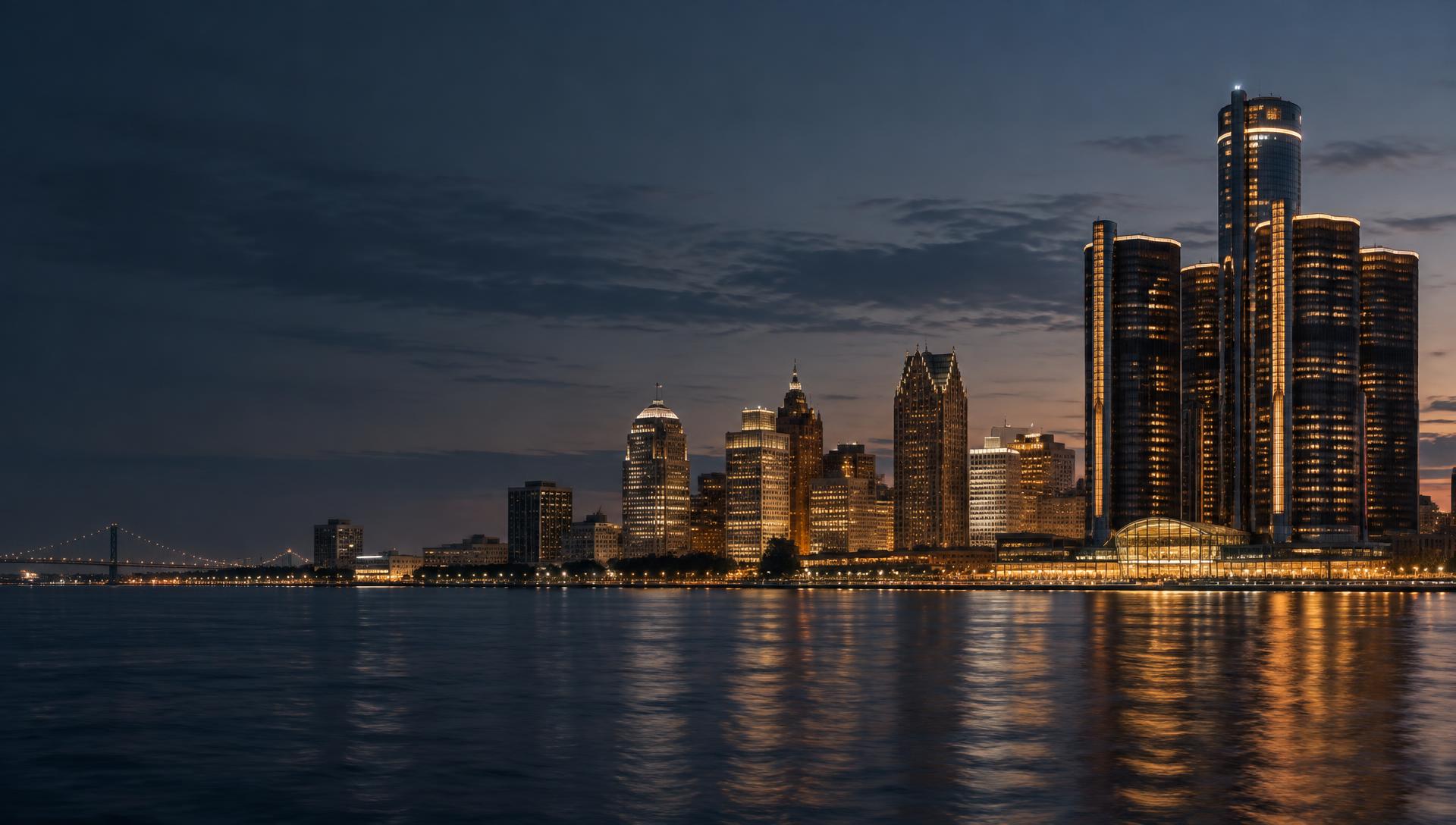 Detroit skyline from the river at dusk